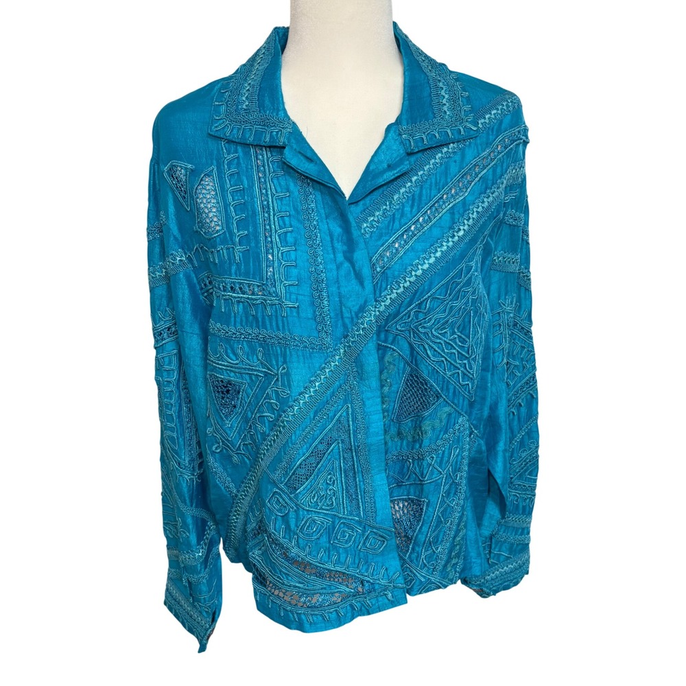 90s Sandy Starkman 100% Silk Embroidered Blue Jacket Boho XL VTG artsy retro AOP